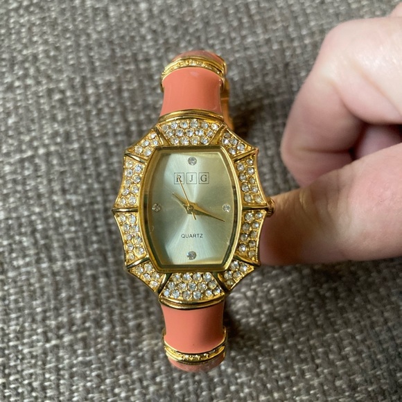 RJ Graziano Enamel, Gold Tone Crystal Quartz Cuff Watch